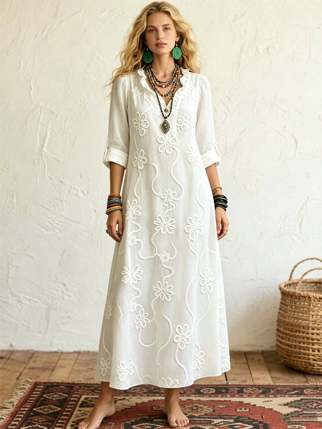 Omancia Women's Elegant Boho White Floral Embroidered Maxi