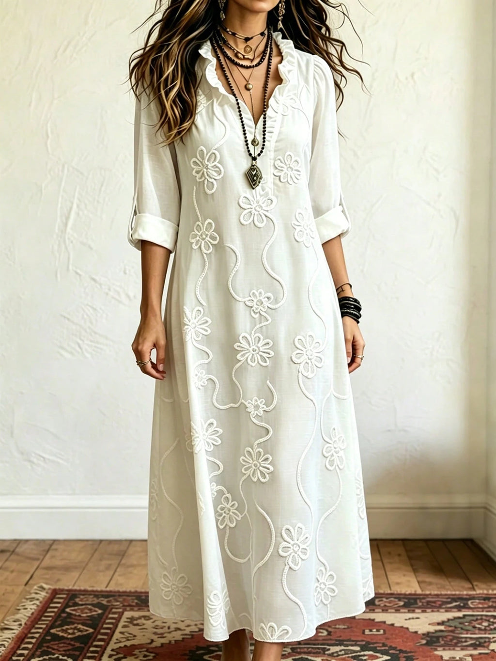 Omancia Women's Elegant Boho White Floral Embroidered Maxi