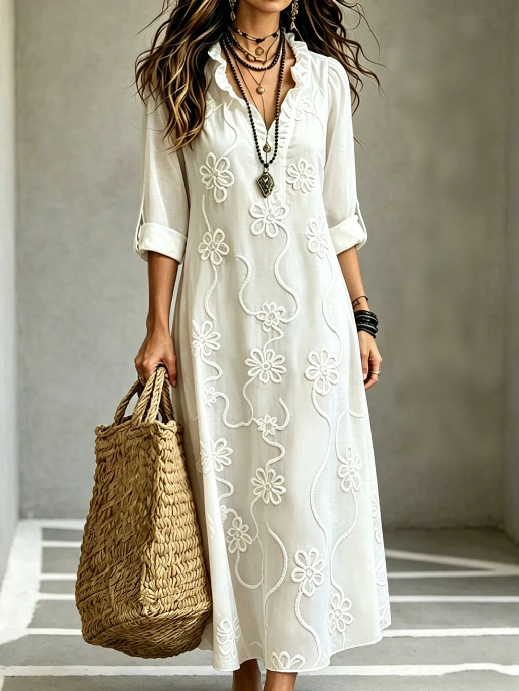 Omancia Women's Elegant Boho White Floral Embroidered Maxi