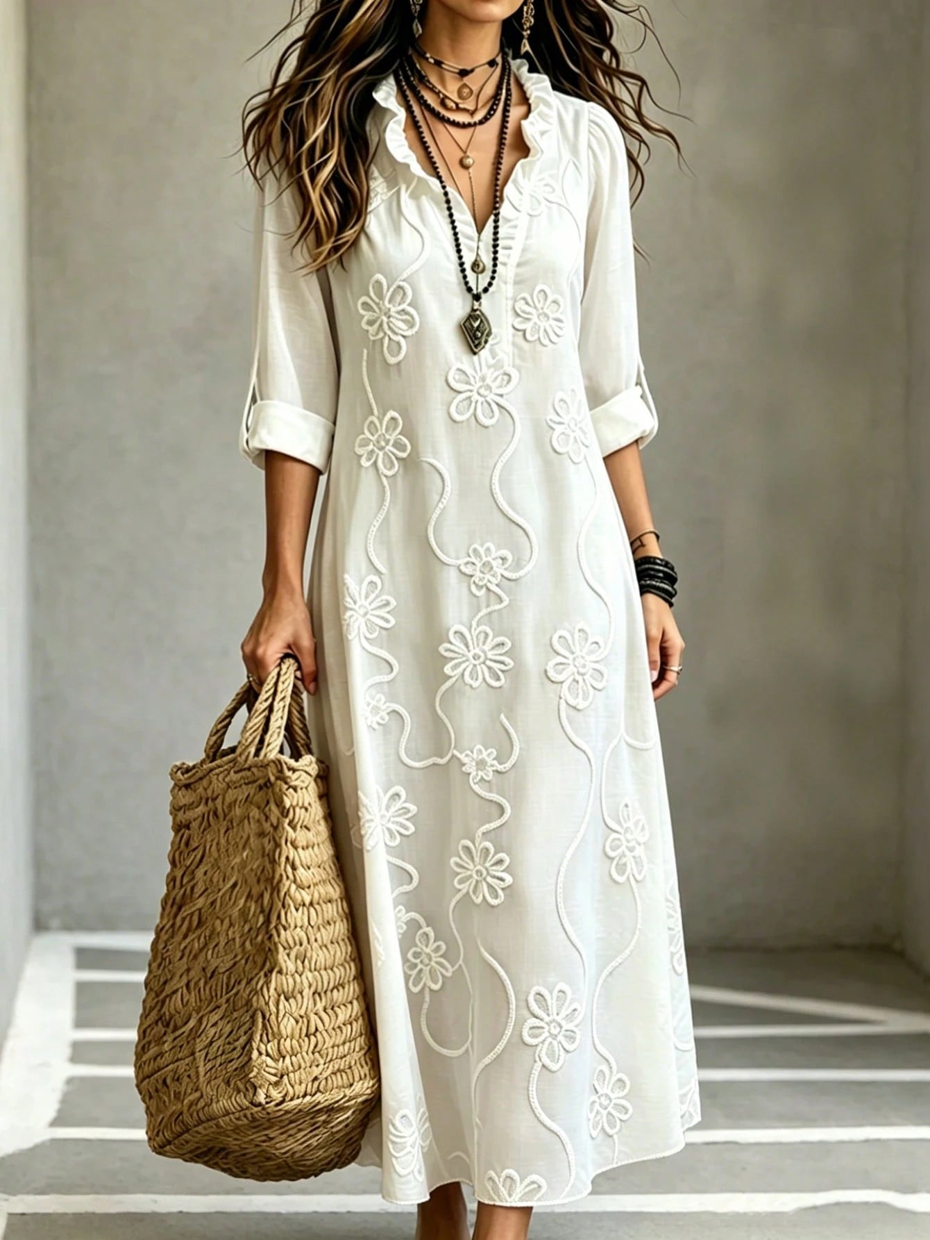 Omancia Women's Elegant Boho White Floral Embroidered Maxi
