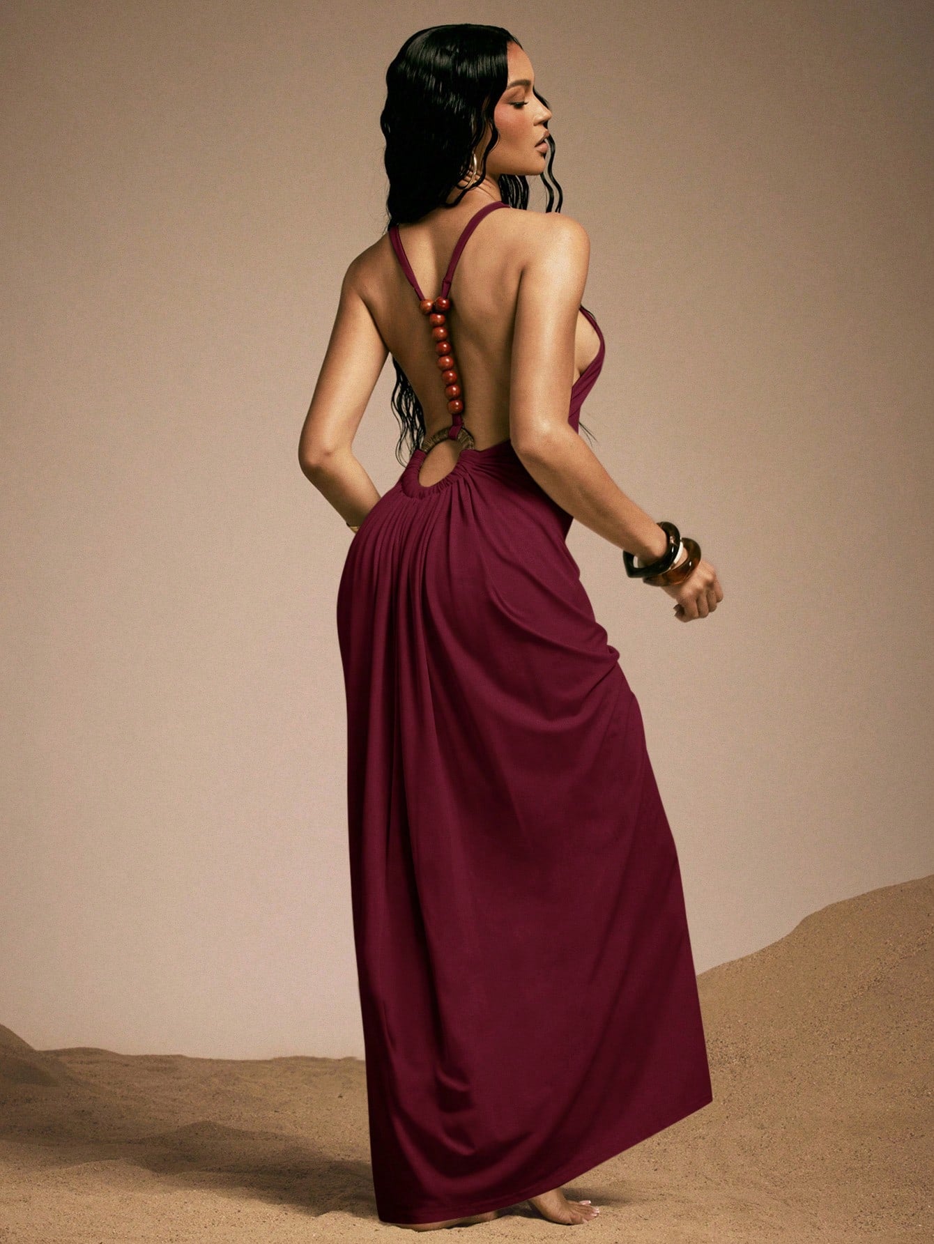 Hauture Women's Sexy High Neck Backless Maxi Dress With Bamboo Ring