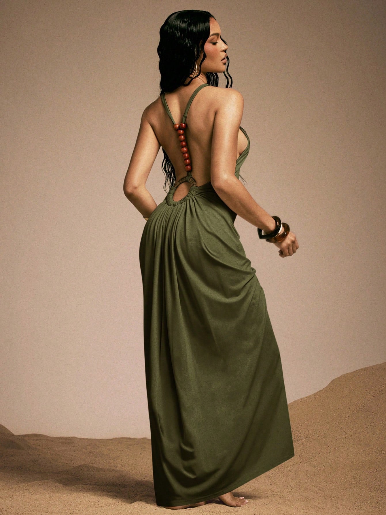 Hauture Women's Sexy High Neck Backless Maxi Dress With Bamboo Ring