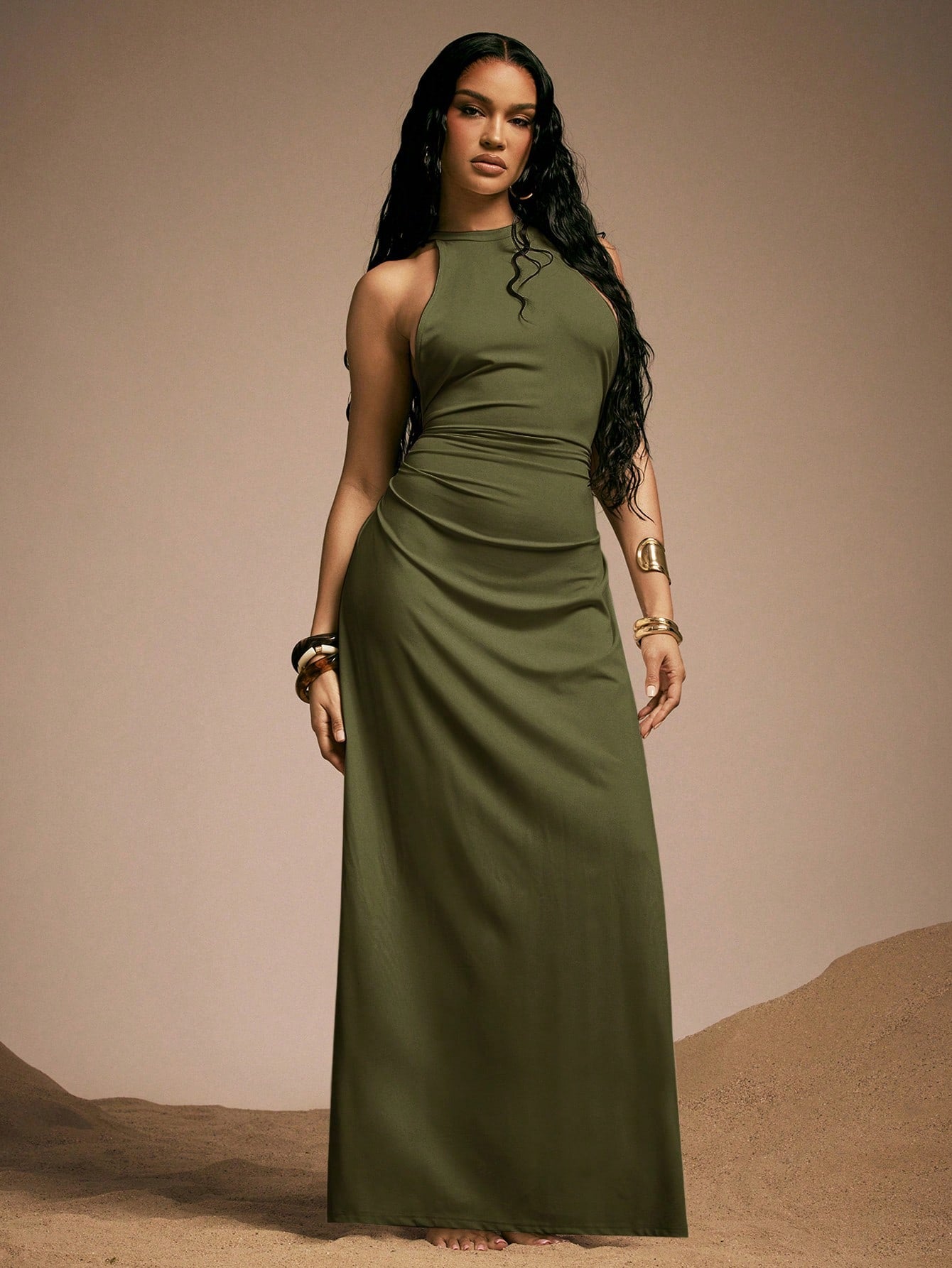 Hauture Women's Sexy High Neck Backless Maxi Dress With Bamboo Ring