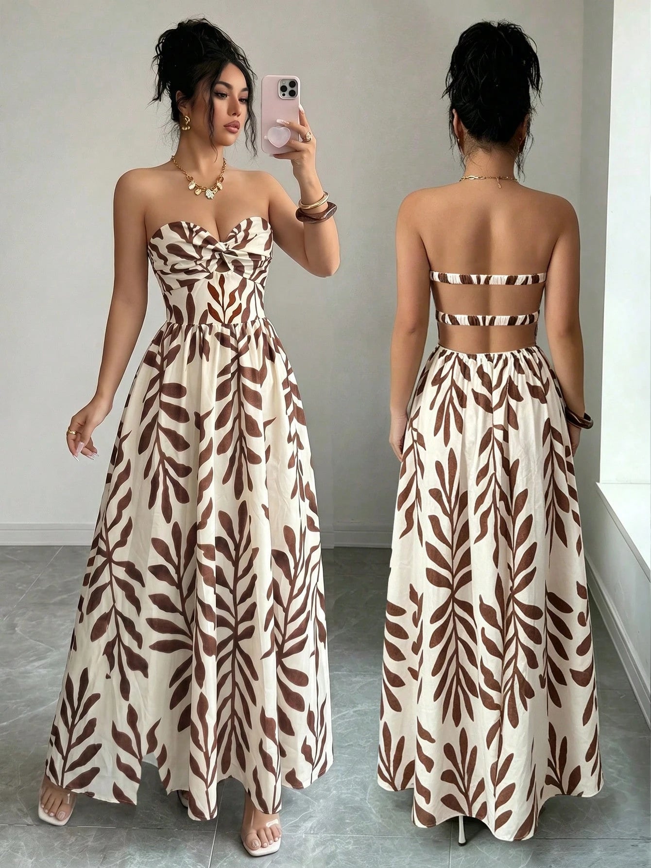 Elenzga Women's Blue And White Floral Print Boho Maxi Strapless