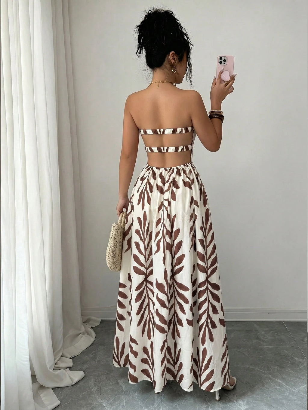 Elenzga Women's Blue And White Floral Print Boho Maxi Strapless