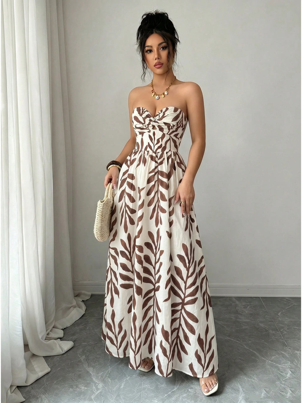 Elenzga Women's Blue And White Floral Print Boho Maxi Strapless