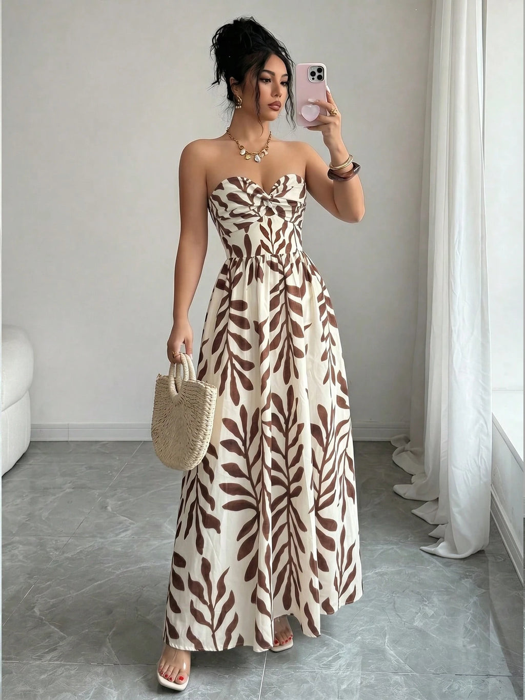Elenzga Women's Blue And White Floral Print Boho Maxi Strapless