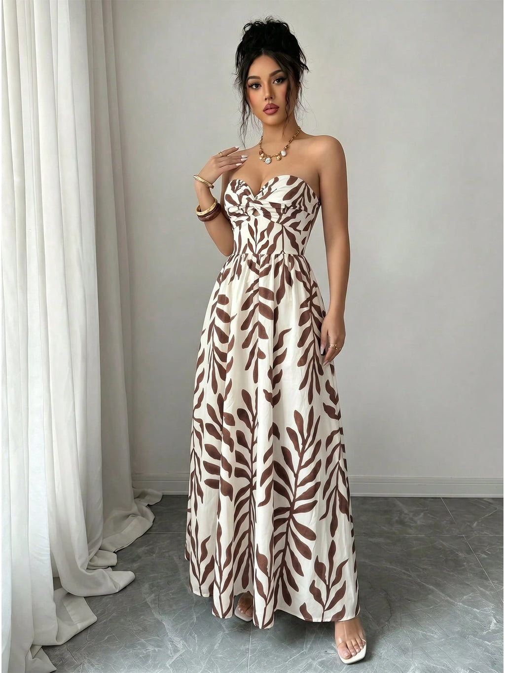 Elenzga Women's Blue And White Floral Print Boho Maxi Strapless