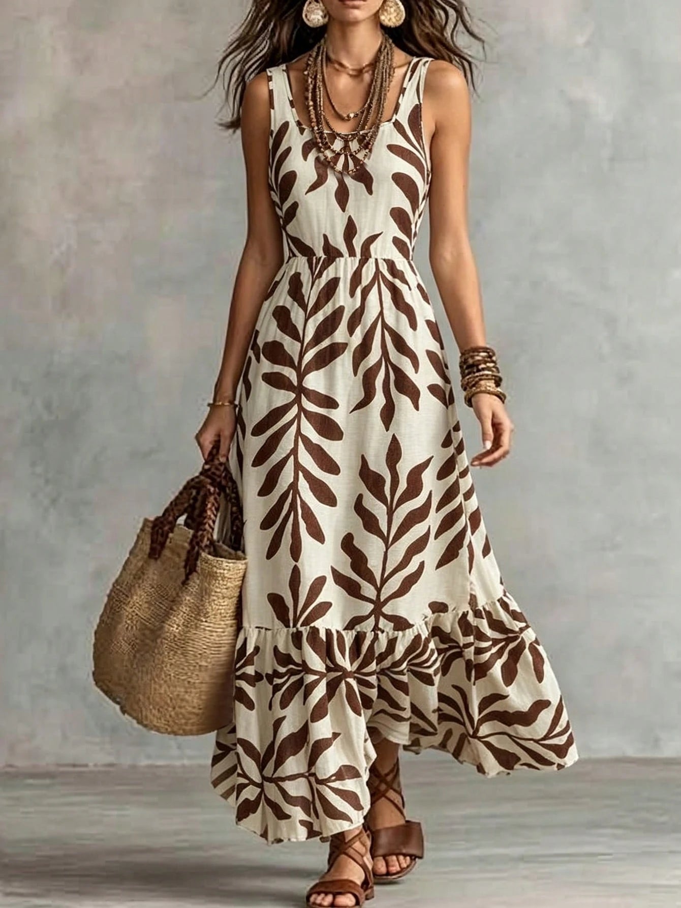 Trelyra Women's Summer Beige Floral Print Square Neck Sleeveless Waist-Cinching Dress, Birthday, Holiday, - image 6