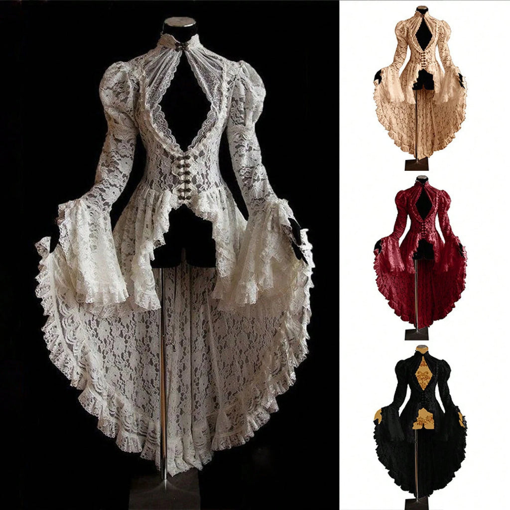 Vintage Gothic Ball Gown, Women's Stand Collar Lace Patchwork Party