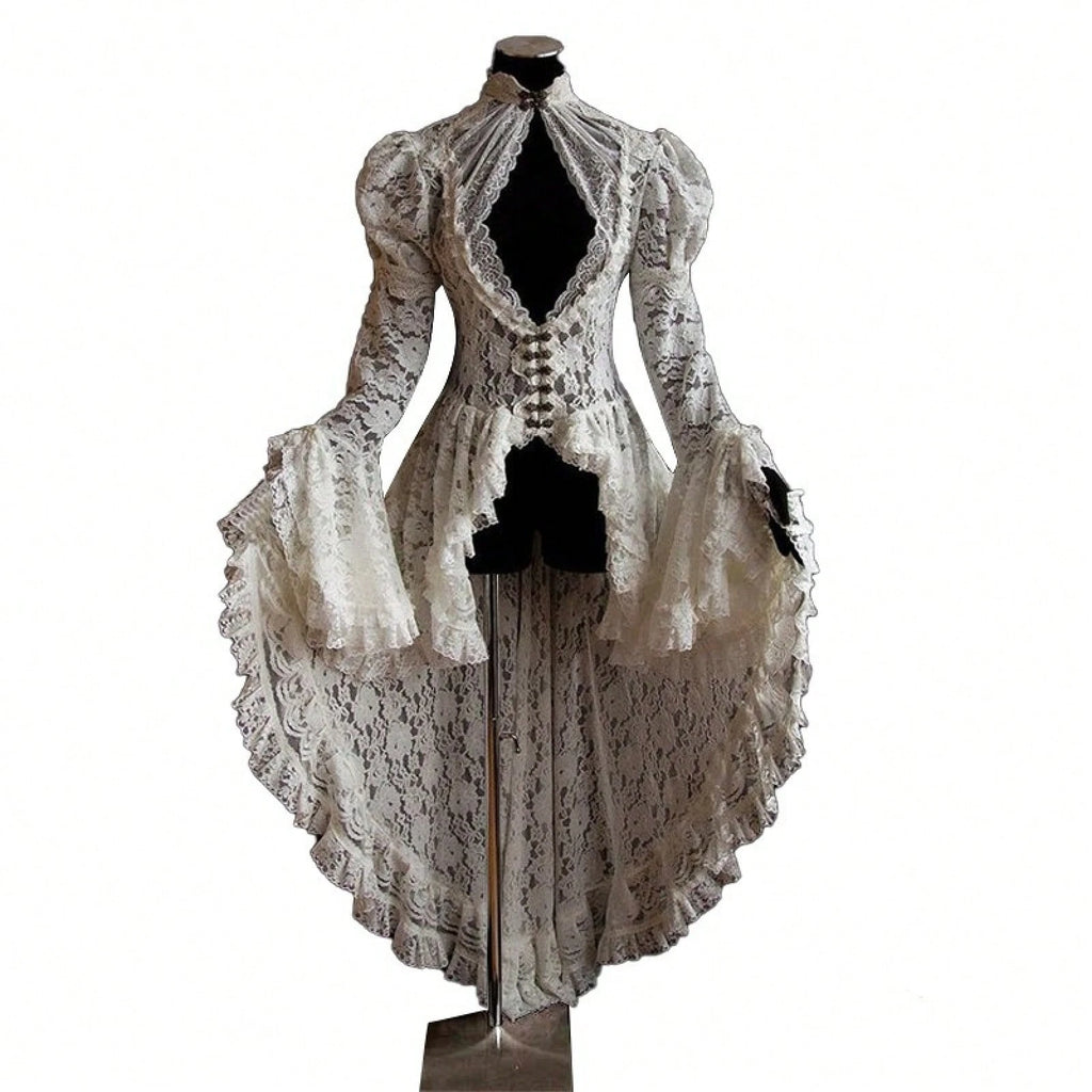 Vintage Gothic Ball Gown, Women's Stand Collar Lace Patchwork Party