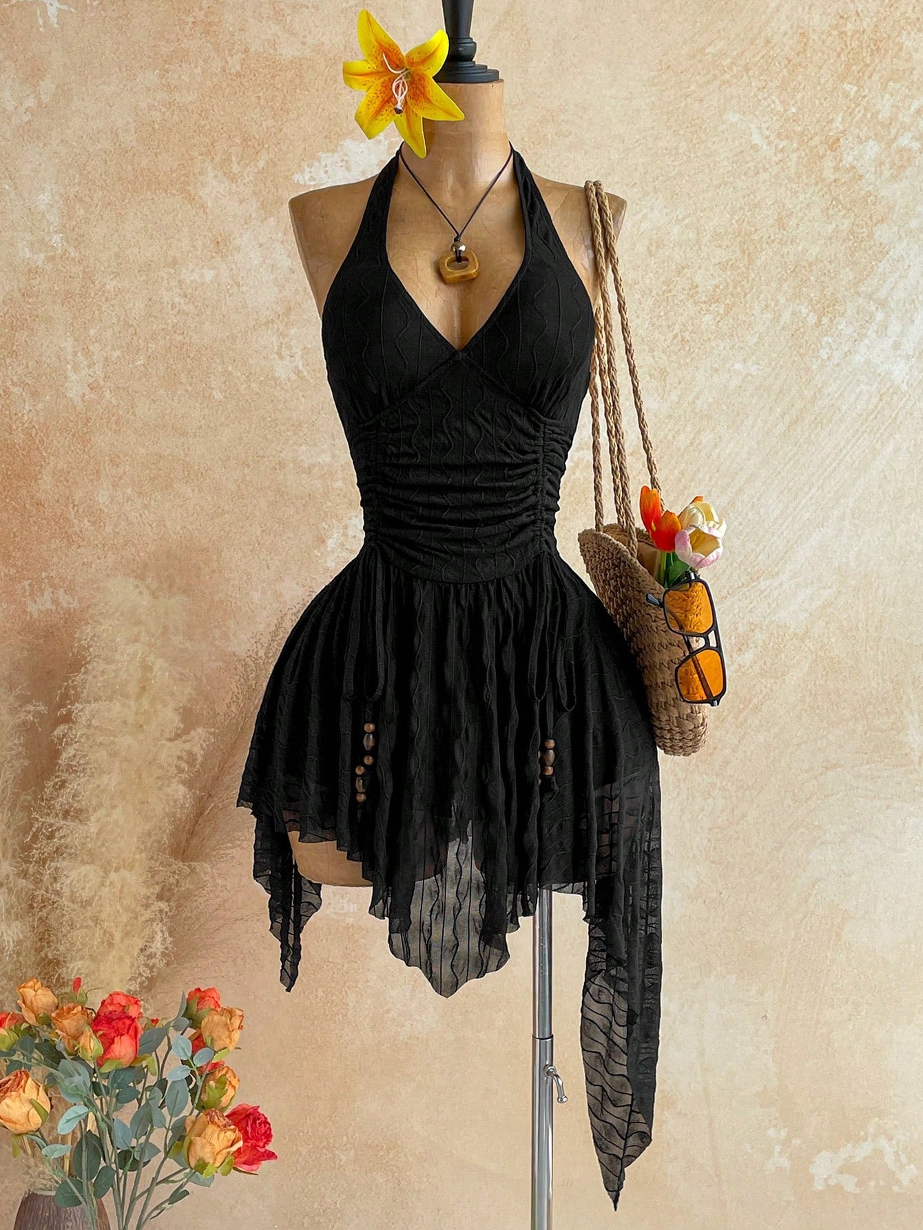 Soleia Deep V Neck Tie-Up Waist Wooden Bead Asymmetrical Hem Mini