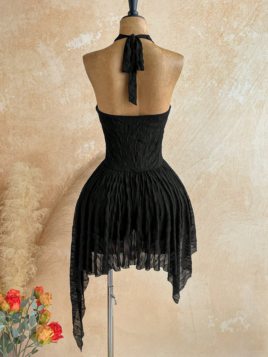 Soleia Deep V Neck Tie-Up Waist Wooden Bead Asymmetrical Hem Mini