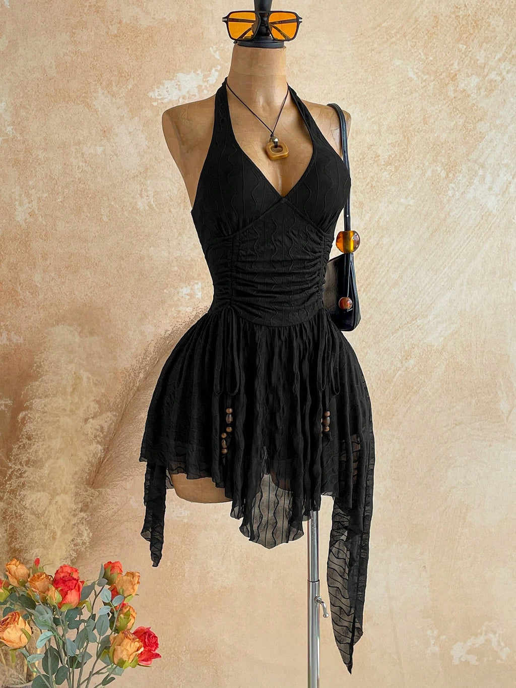 Soleia Deep V Neck Tie-Up Waist Wooden Bead Asymmetrical Hem Mini
