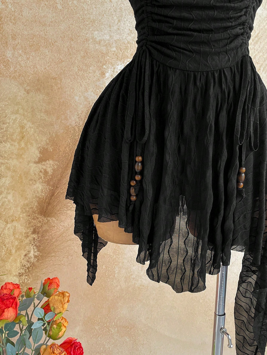 Soleia Deep V Neck Tie-Up Waist Wooden Bead Asymmetrical Hem Mini