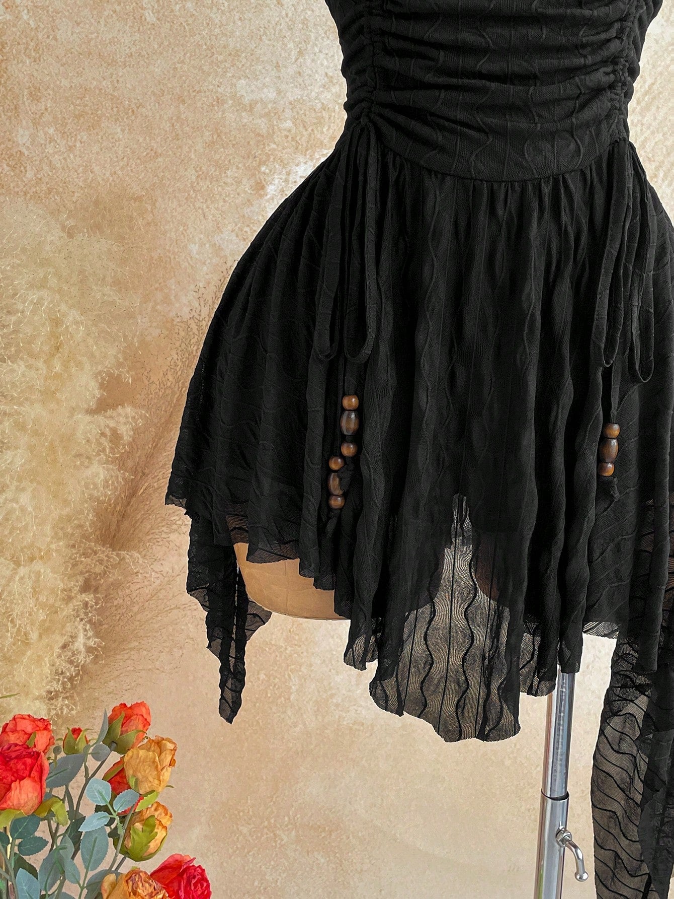 Soleia Deep V Neck Tie-Up Waist Wooden Bead Asymmetrical Hem Mini