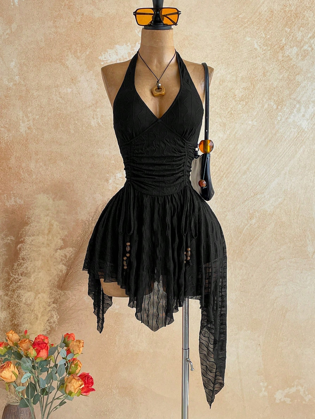 Soleia Deep V Neck Tie-Up Waist Wooden Bead Asymmetrical Hem Mini