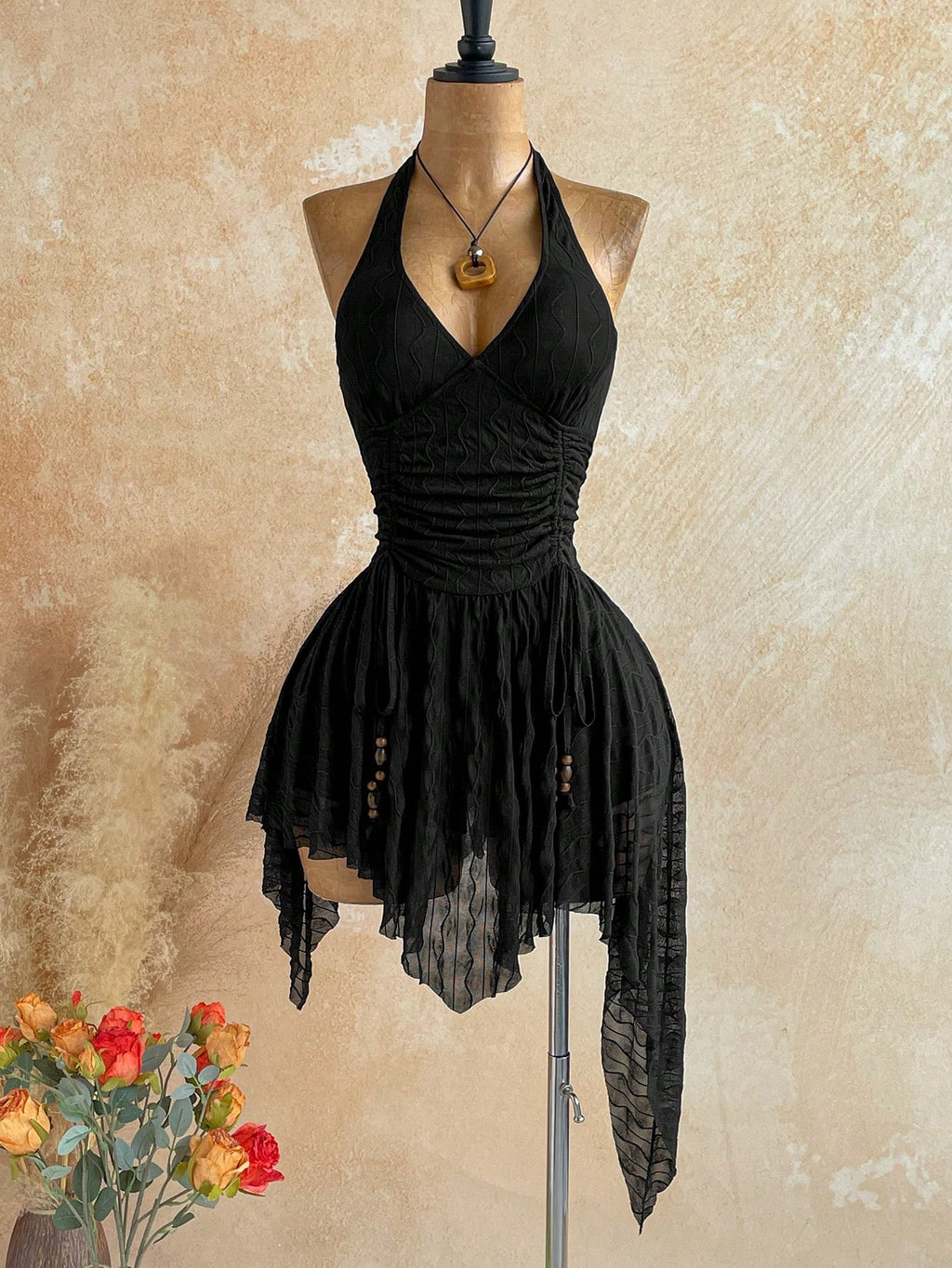 Soleia Deep V Neck Tie-Up Waist Wooden Bead Asymmetrical Hem Mini