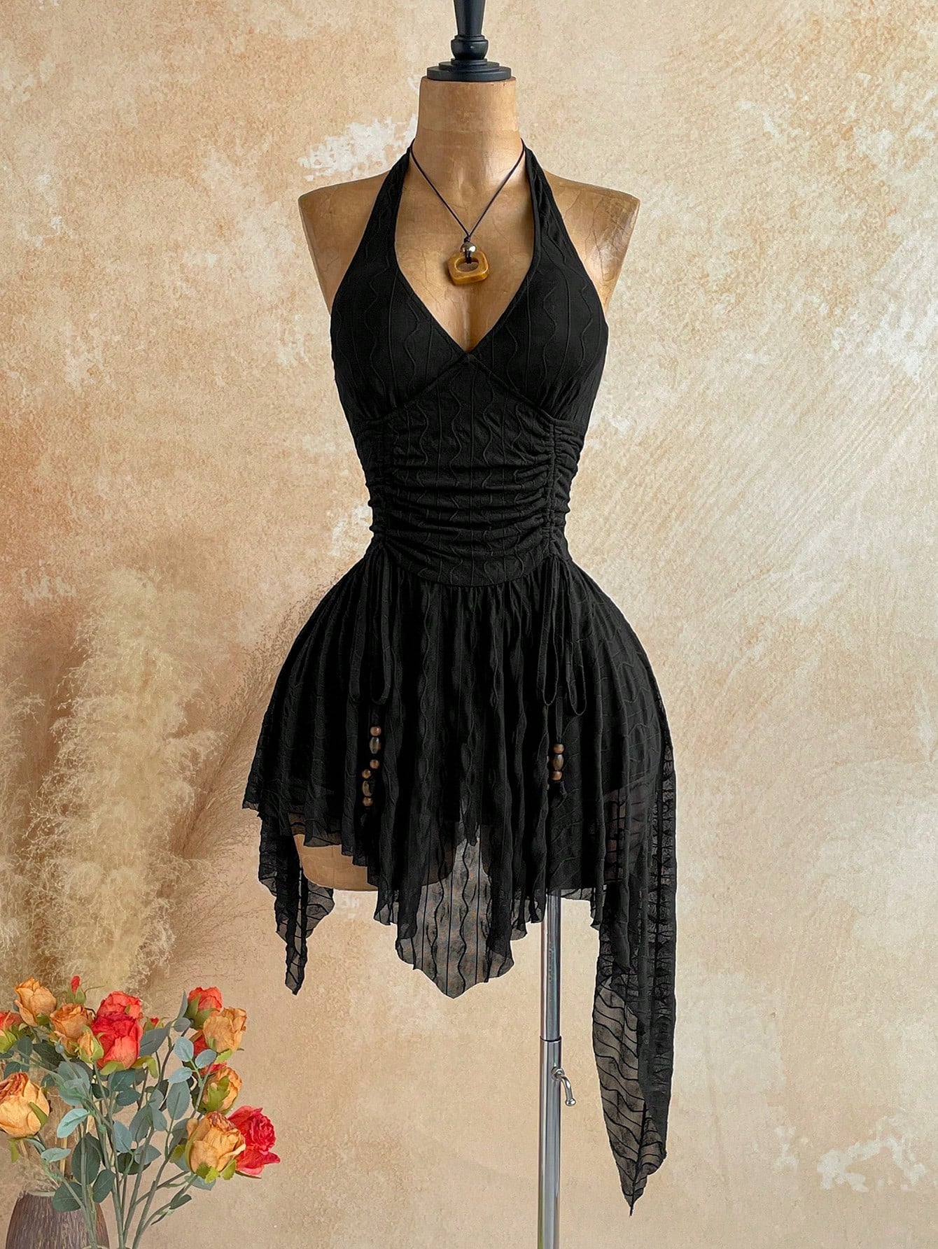Soleia Deep V Neck Tie-Up Waist Wooden Bead Asymmetrical Hem Mini