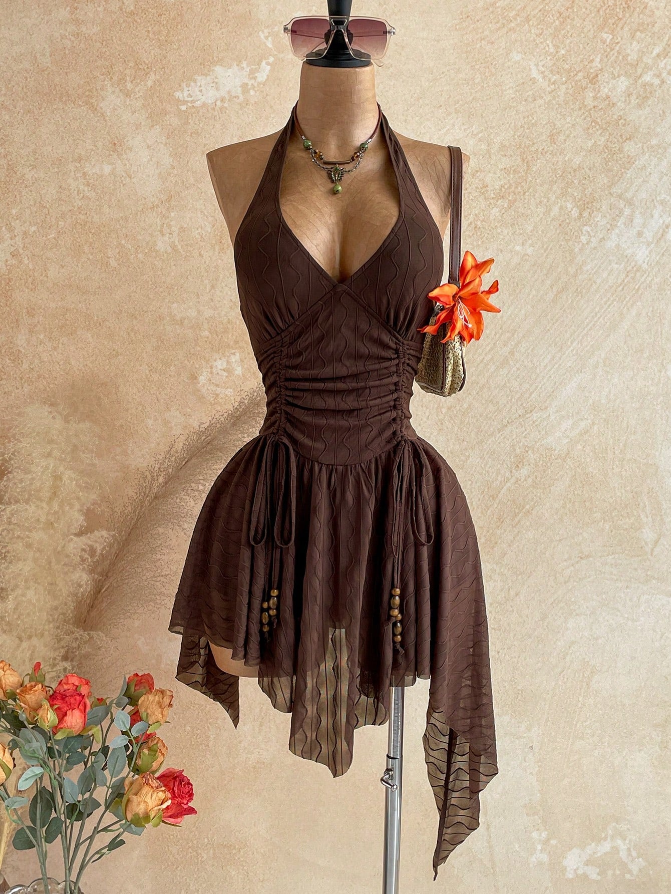 Soleia Deep V Neck Tie-Up Waist Wooden Bead Asymmetrical Hem Mini