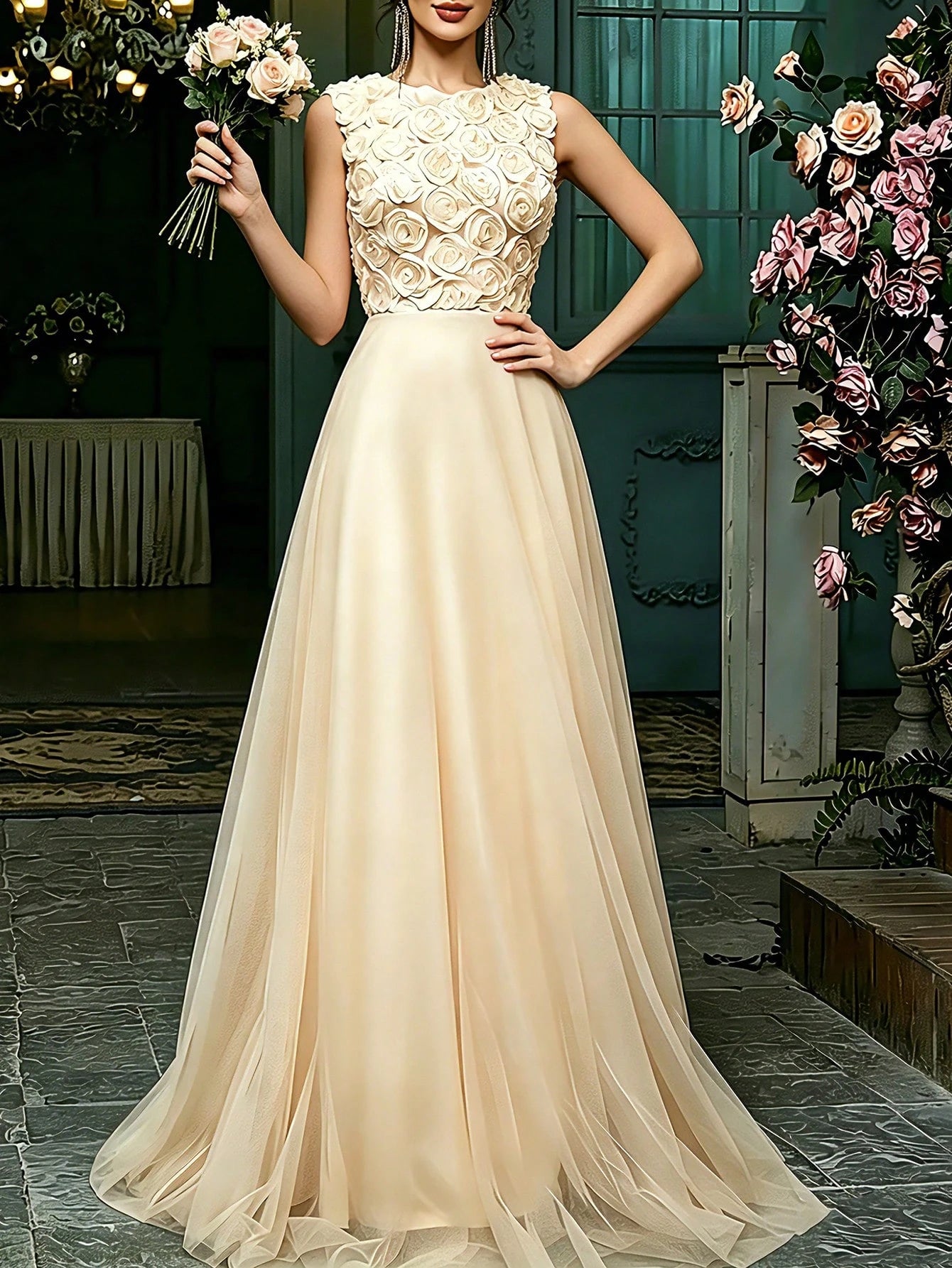 Women's Wedding Dress, Embroidered Lace Sleeveless + Mesh Design, Formal Evening Gown, Celebration Dress White - image 10
