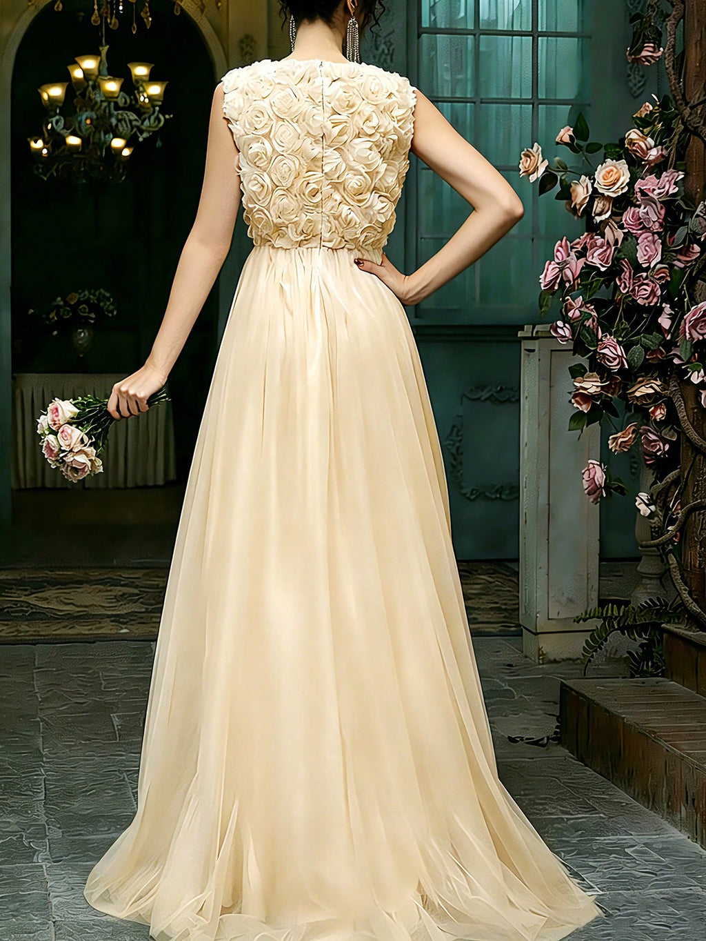 Women's Wedding Dress, Embroidered Lace Sleeveless + Mesh Design, Formal Evening Gown, Celebration Dress White - image 9