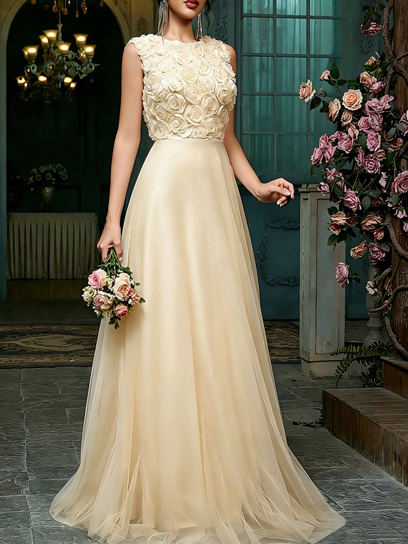 Women's Wedding Dress, Embroidered Lace Sleeveless + Mesh Design, Formal Evening Gown, Celebration Dress White - image 8