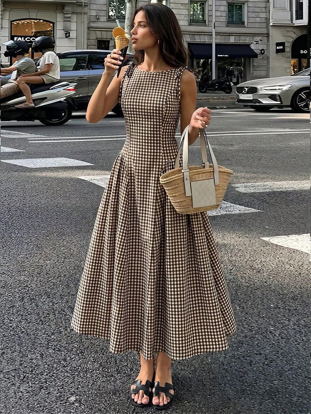 Firerie Elegant Fashion Sleeveless Plaid Waist-Cinching A-Line Midi