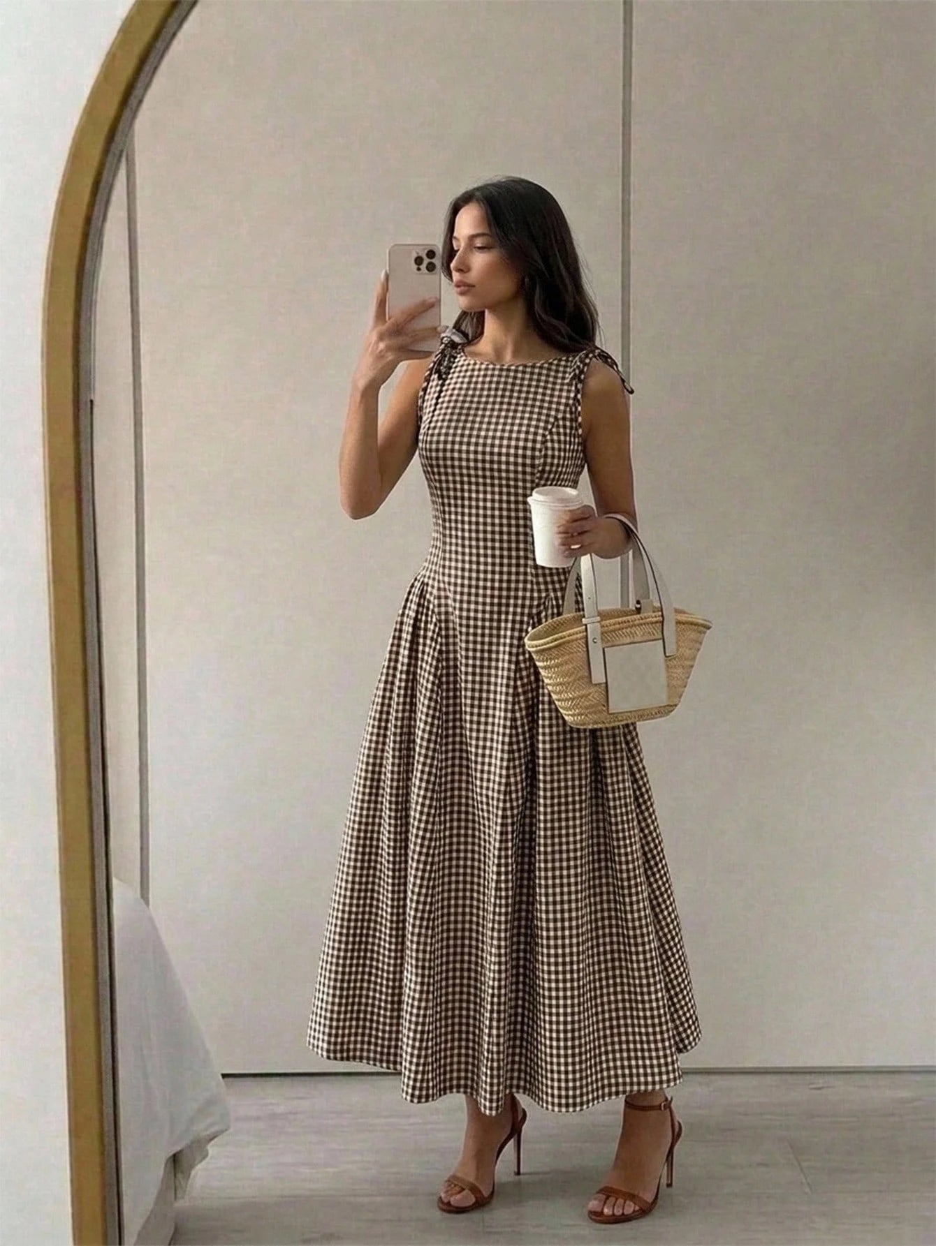 Firerie Elegant Fashion Sleeveless Plaid Waist-Cinching A-Line Midi