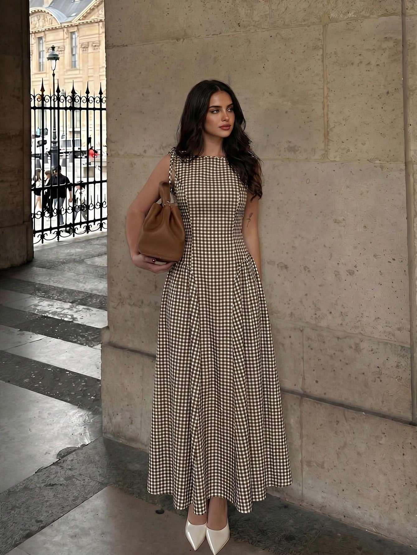 Firerie Elegant Fashion Sleeveless Plaid Waist-Cinching A-Line Midi