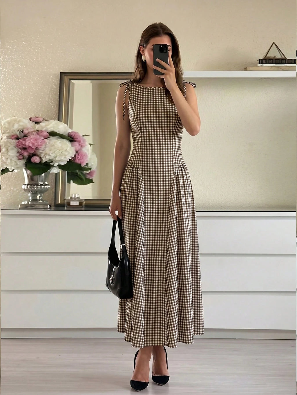 Firerie Elegant Fashion Sleeveless Plaid Waist-Cinching A-Line Midi
