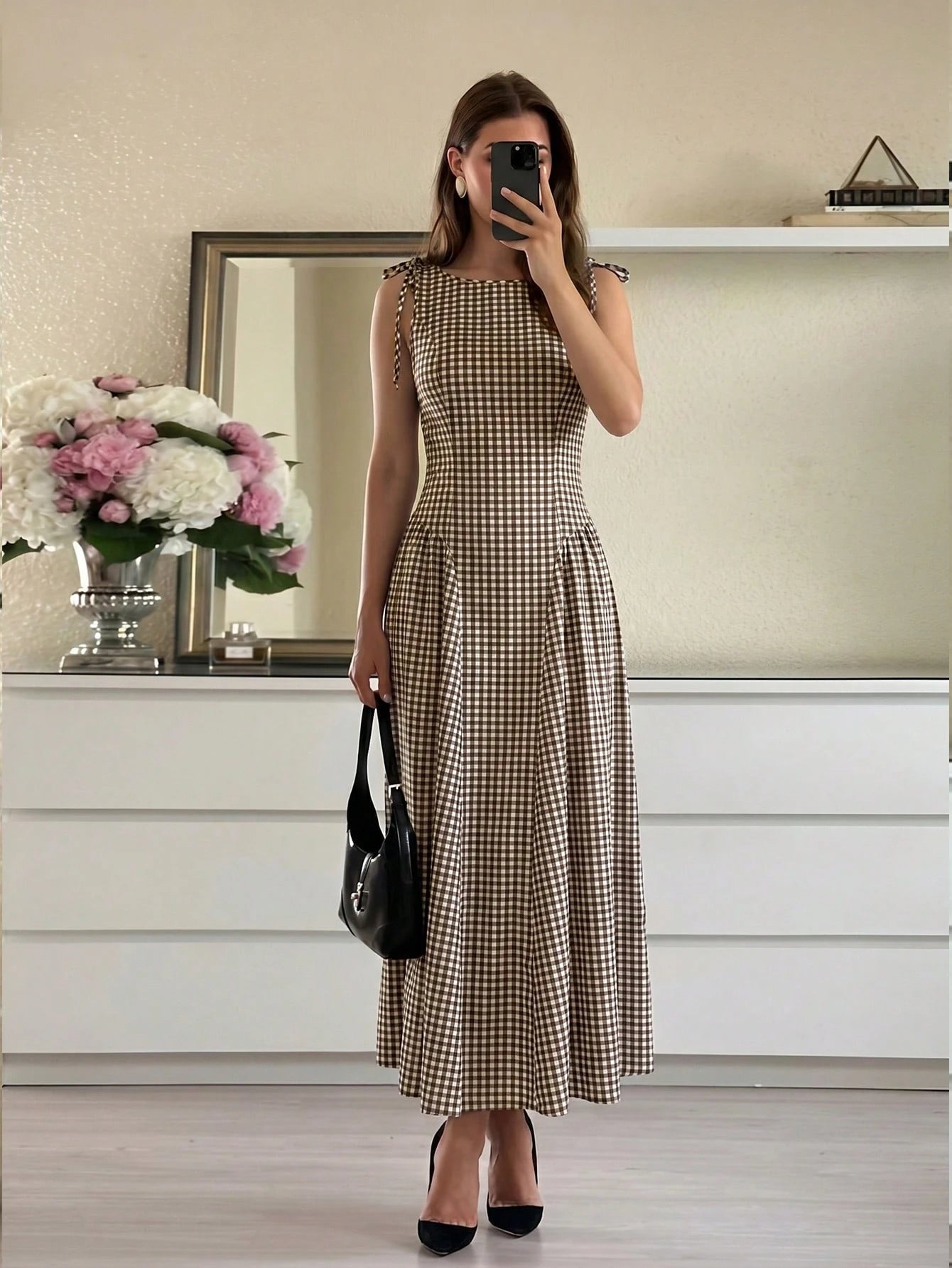 Firerie Elegant Fashion Sleeveless Plaid Waist-Cinching A-Line Midi