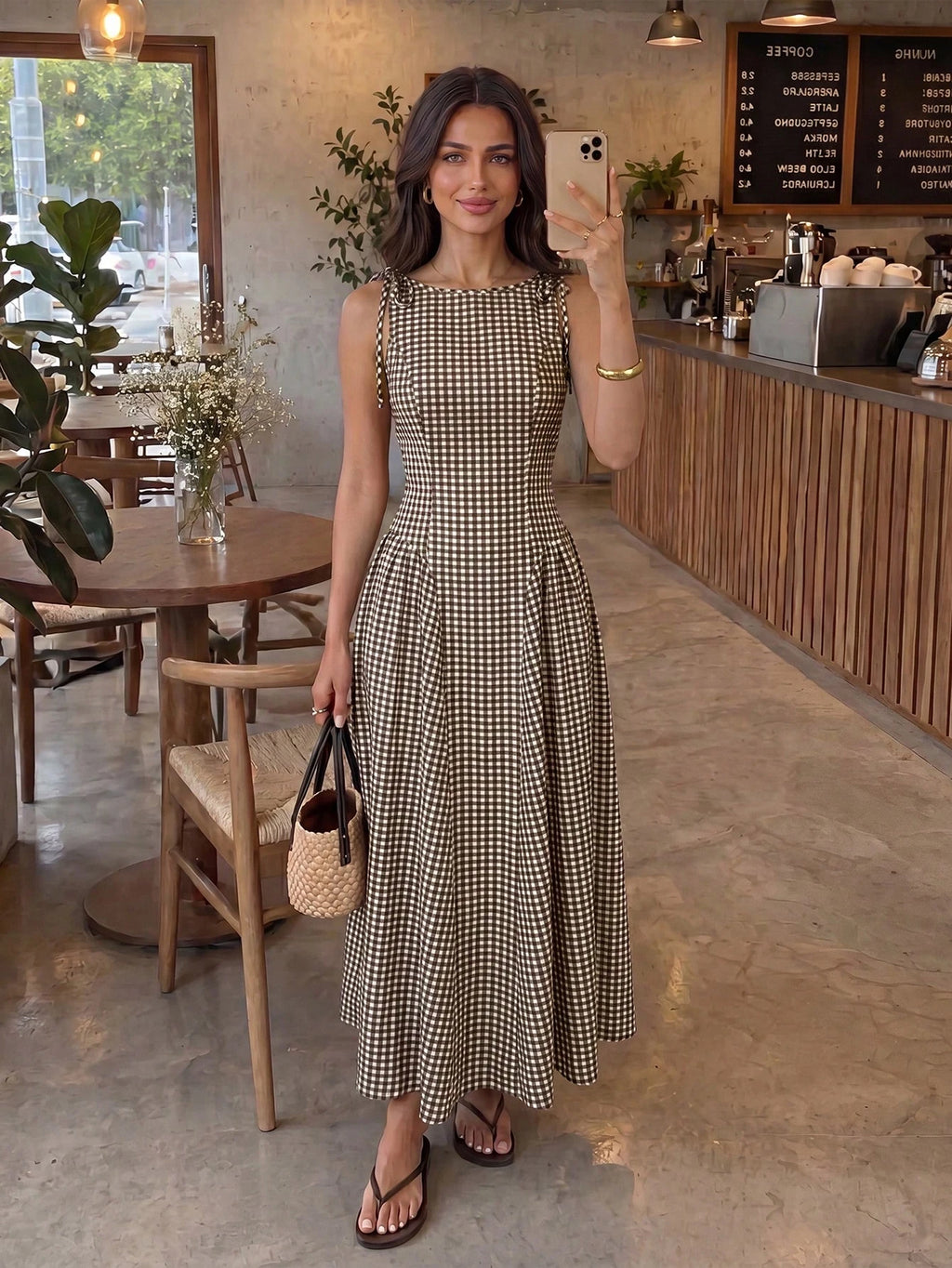 Firerie Elegant Fashion Sleeveless Plaid Waist-Cinching A-Line Midi