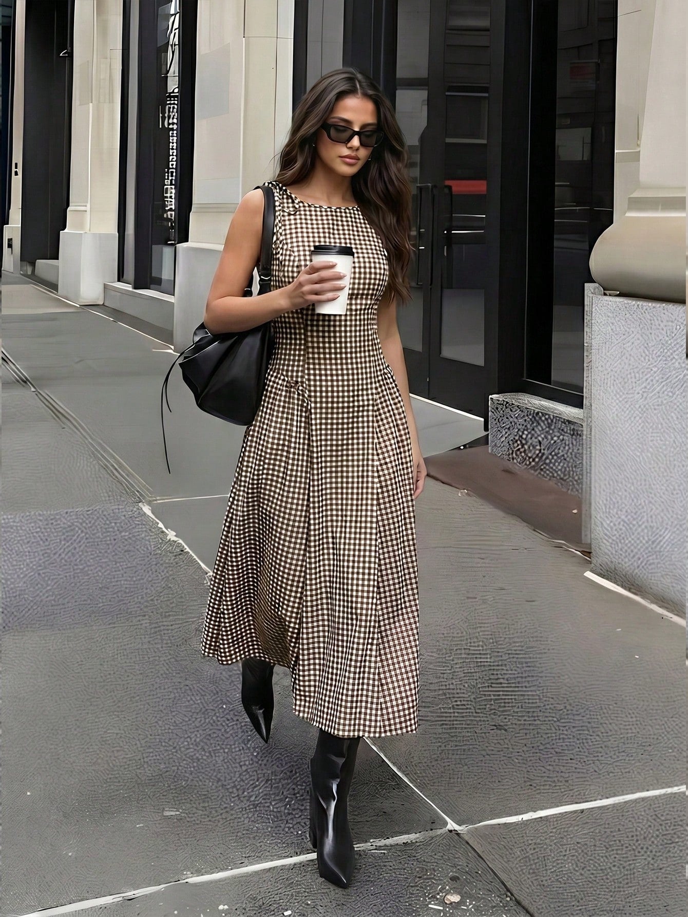 Firerie Elegant Fashion Sleeveless Plaid Waist-Cinching A-Line Midi