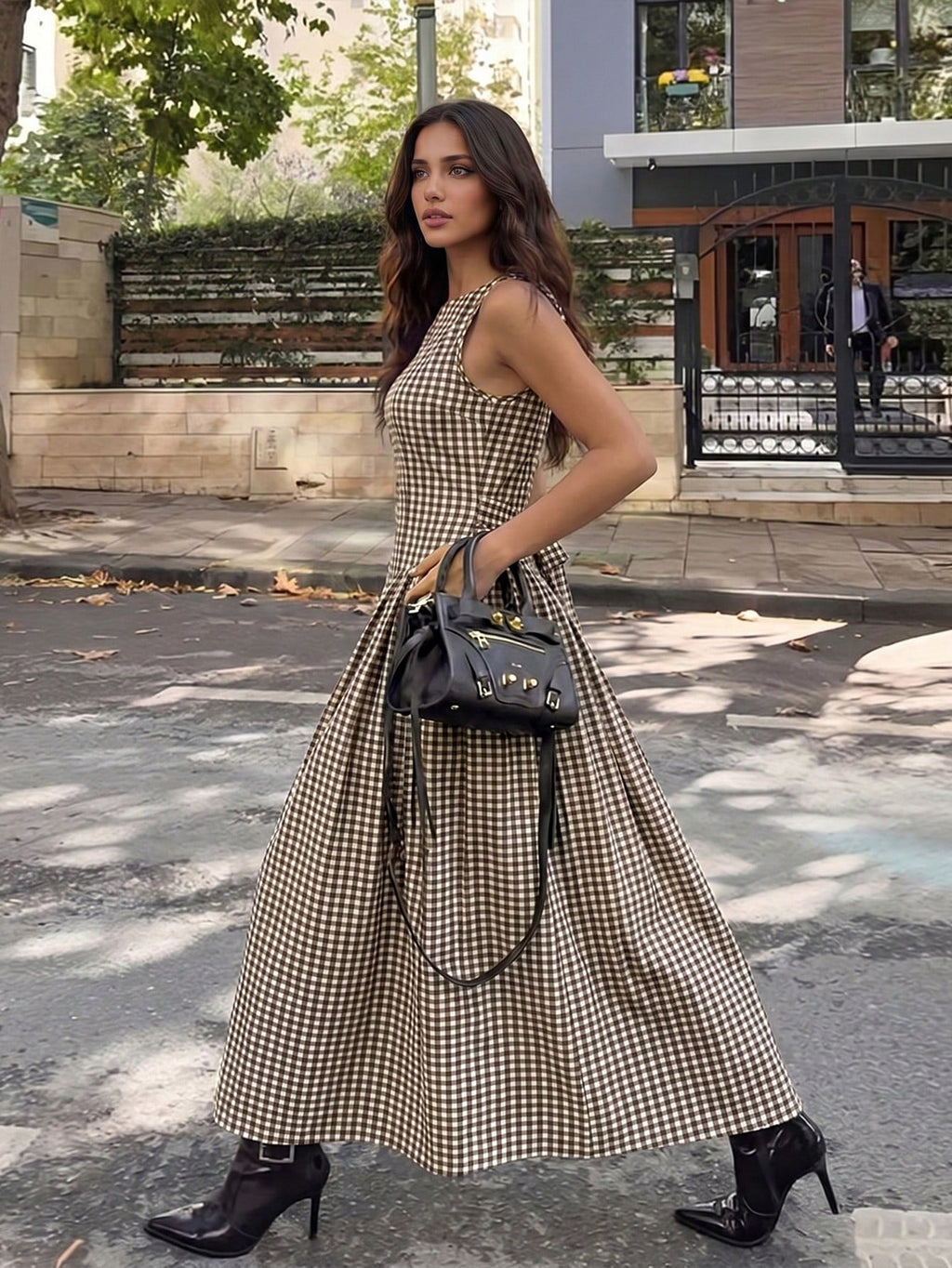 Firerie Elegant Fashion Sleeveless Plaid Waist-Cinching A-Line Midi