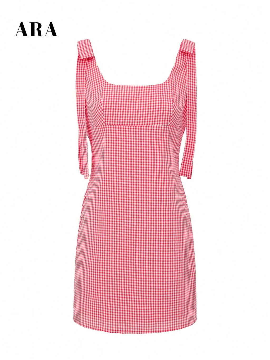 ARA CHIC Women's Gingham Tie Strap Square Neck Mini Dress, V Back Zip