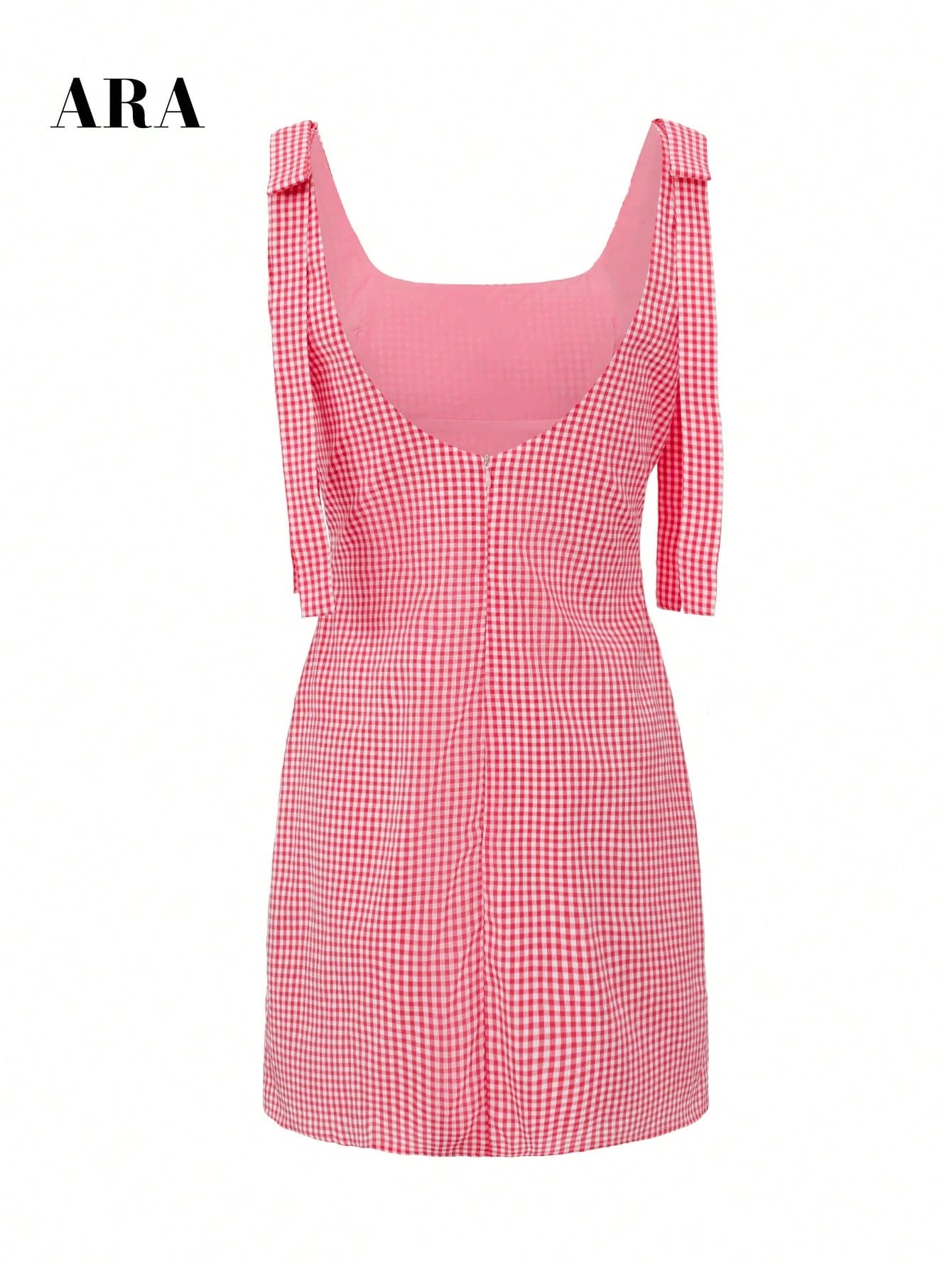 ARA CHIC Women's Gingham Tie Strap Square Neck Mini Dress, V Back Zip