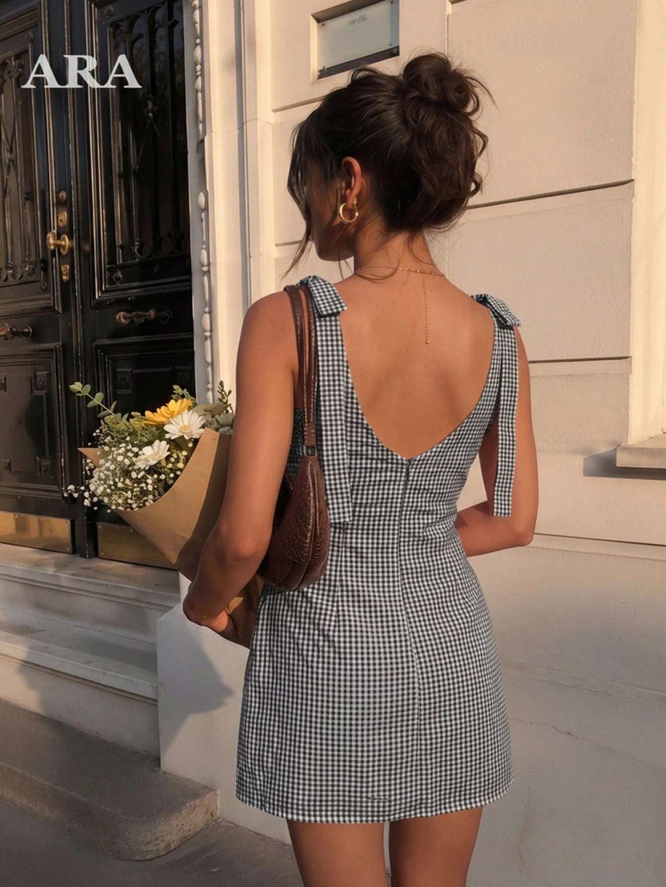 ARA CHIC Women's Gingham Tie Strap Square Neck Mini Dress, V Back Zip