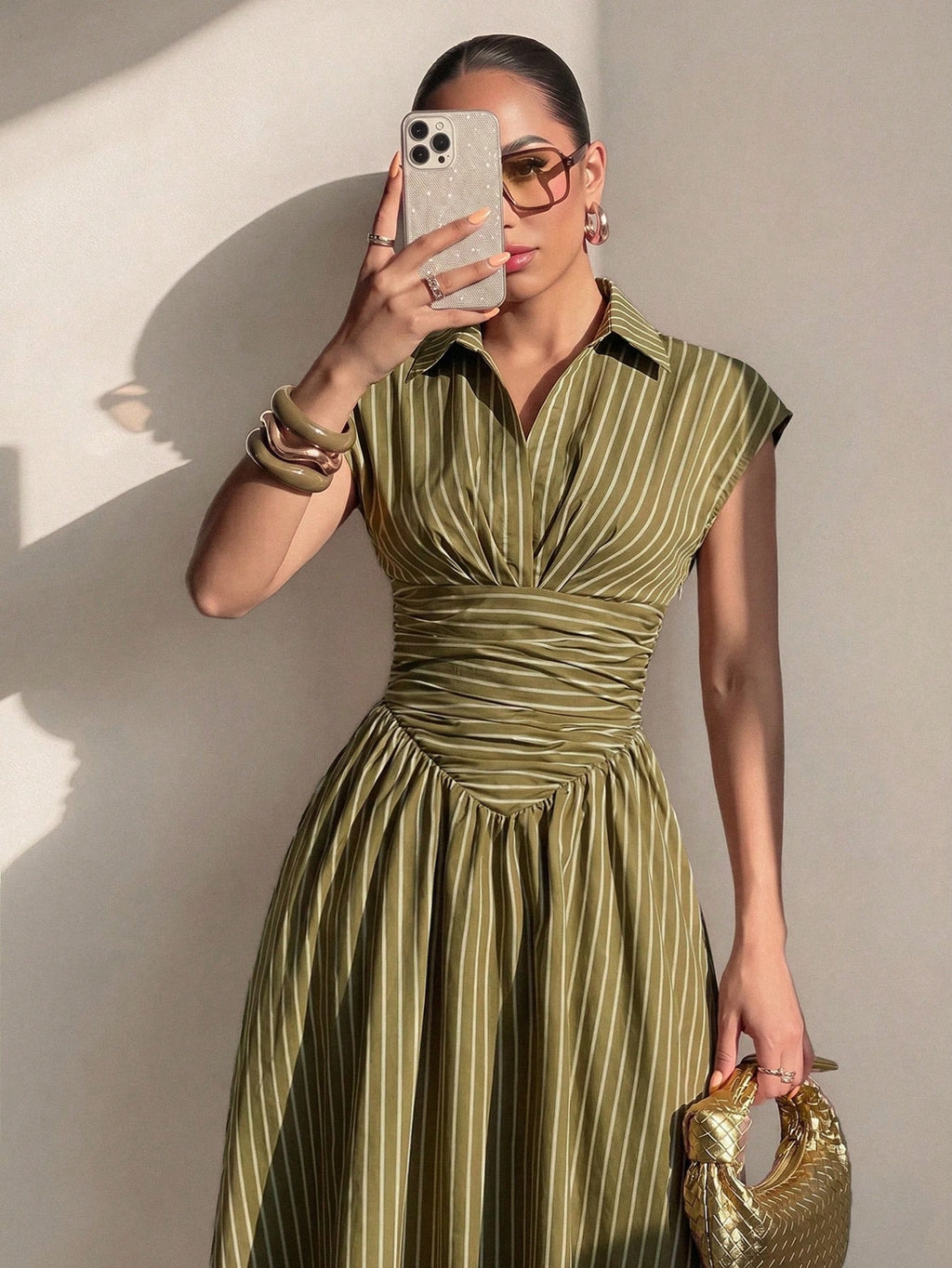 Xyvia Black Elegant Striped Shirt Collar Cinched Waist Full Skirt