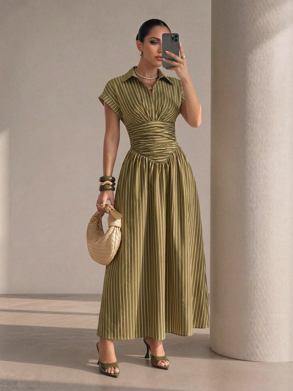 Xyvia Black Elegant Striped Shirt Collar Cinched Waist Full Skirt