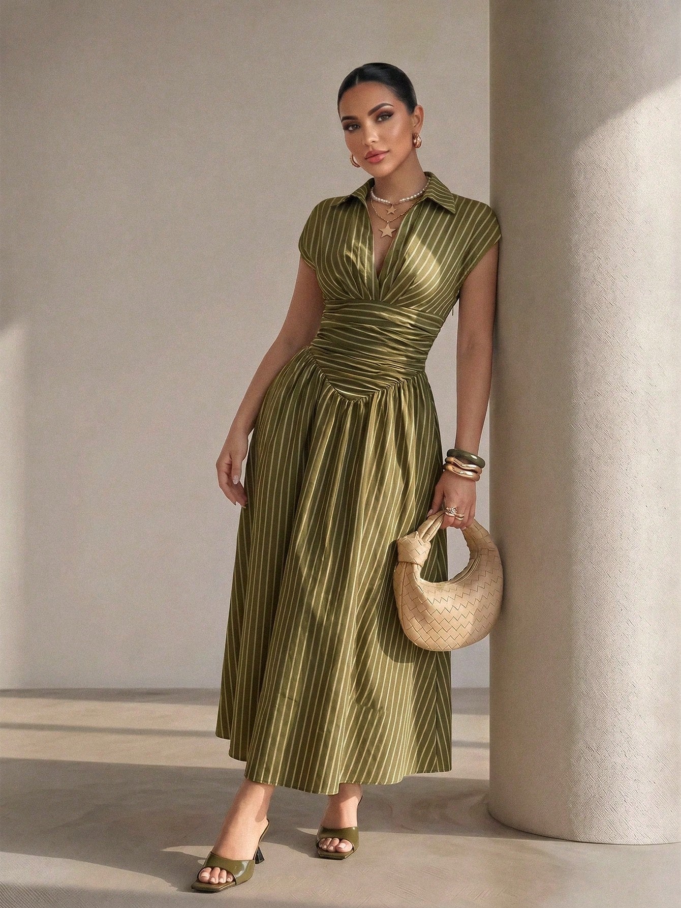 Xyvia Black Elegant Striped Shirt Collar Cinched Waist Full Skirt