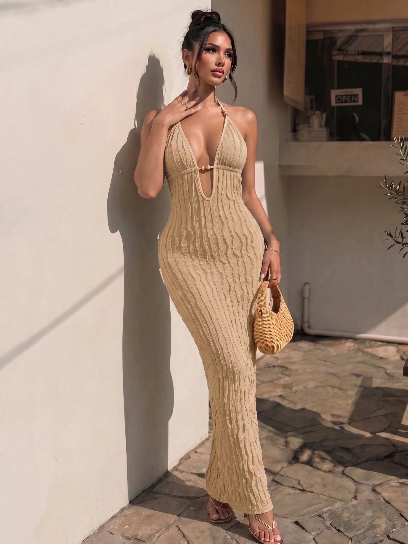 Swim SXY Women's New Summer Yellow Sexy Deep VU Neck Long Bag Dress
