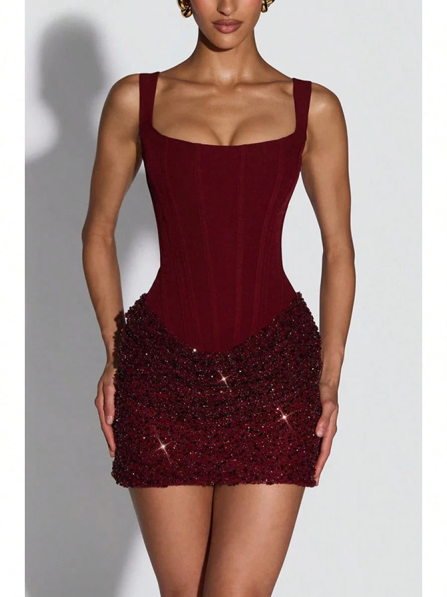 Square Neck Corset Mini Party Dress, Sequin Ruched Skirt Bodycon Gown For Birthday Banquets, Cocktail - image 2