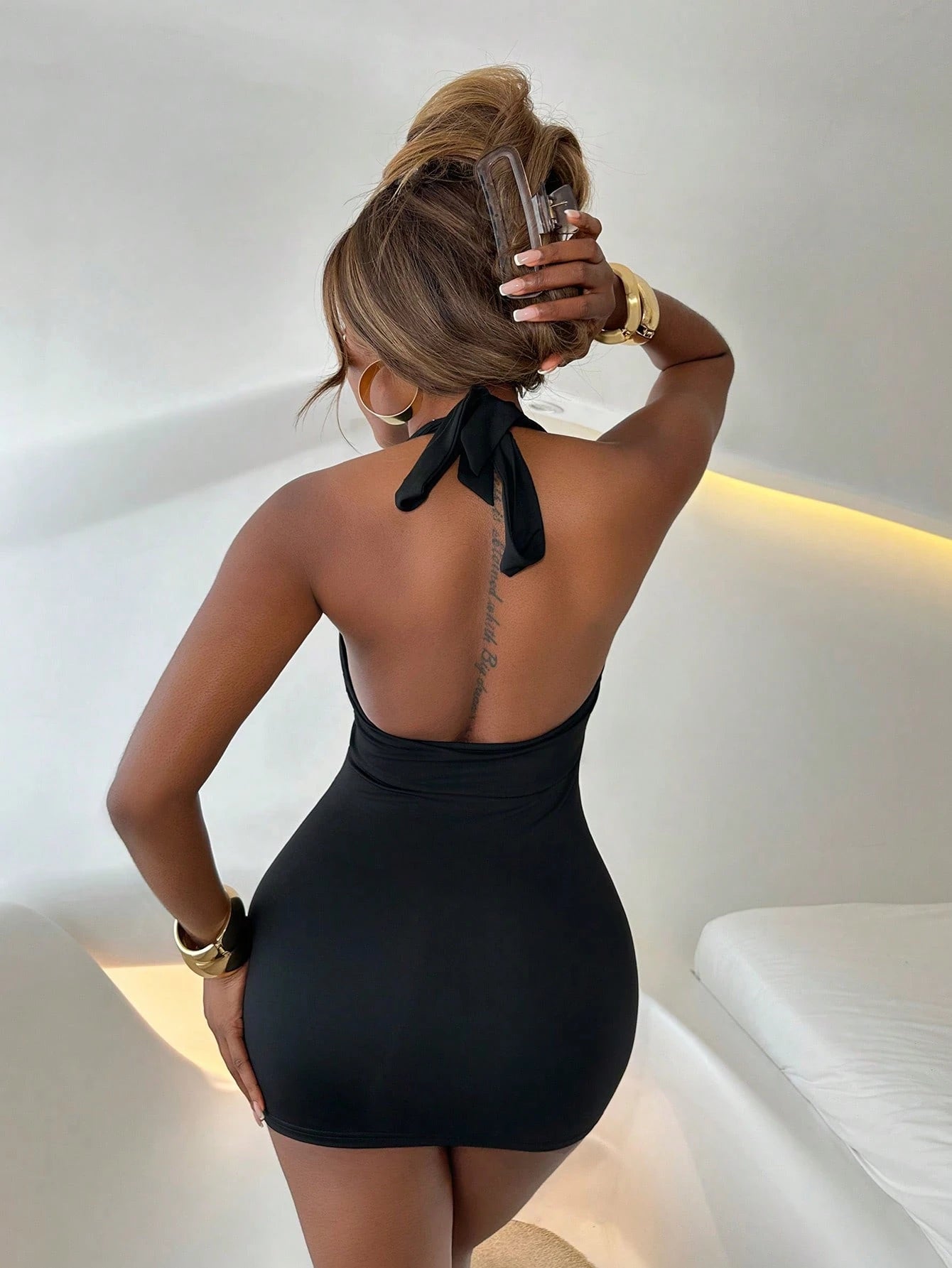 Mariisbox Women's Rivet Decor Halter Neck Backless Bodycon Dress
