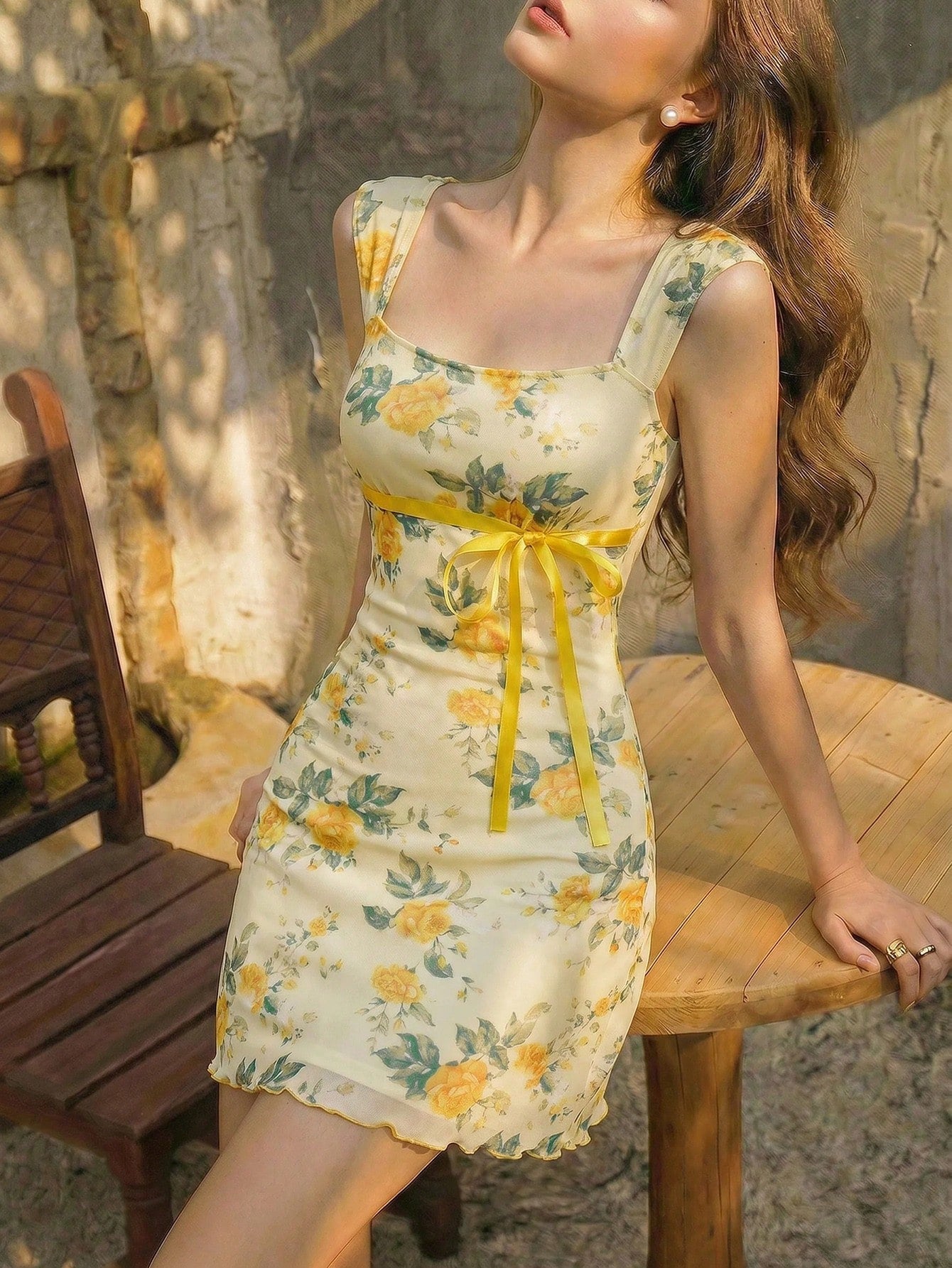 MOD Bowknot Pleated Mesh Abstract Floral Dress, Back To School,