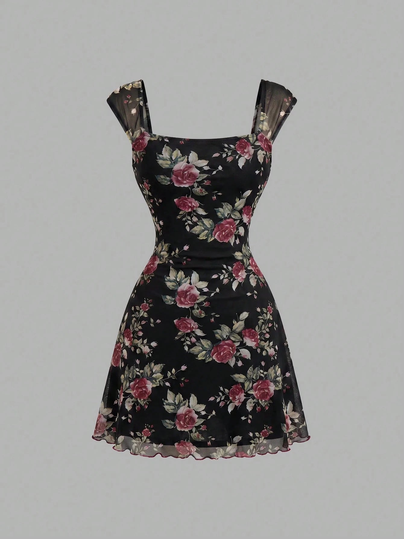 MOD Bowknot Pleated Mesh Abstract Floral Dress, Back To School, Elegant French, Vacation, Going Out Date - image 3
