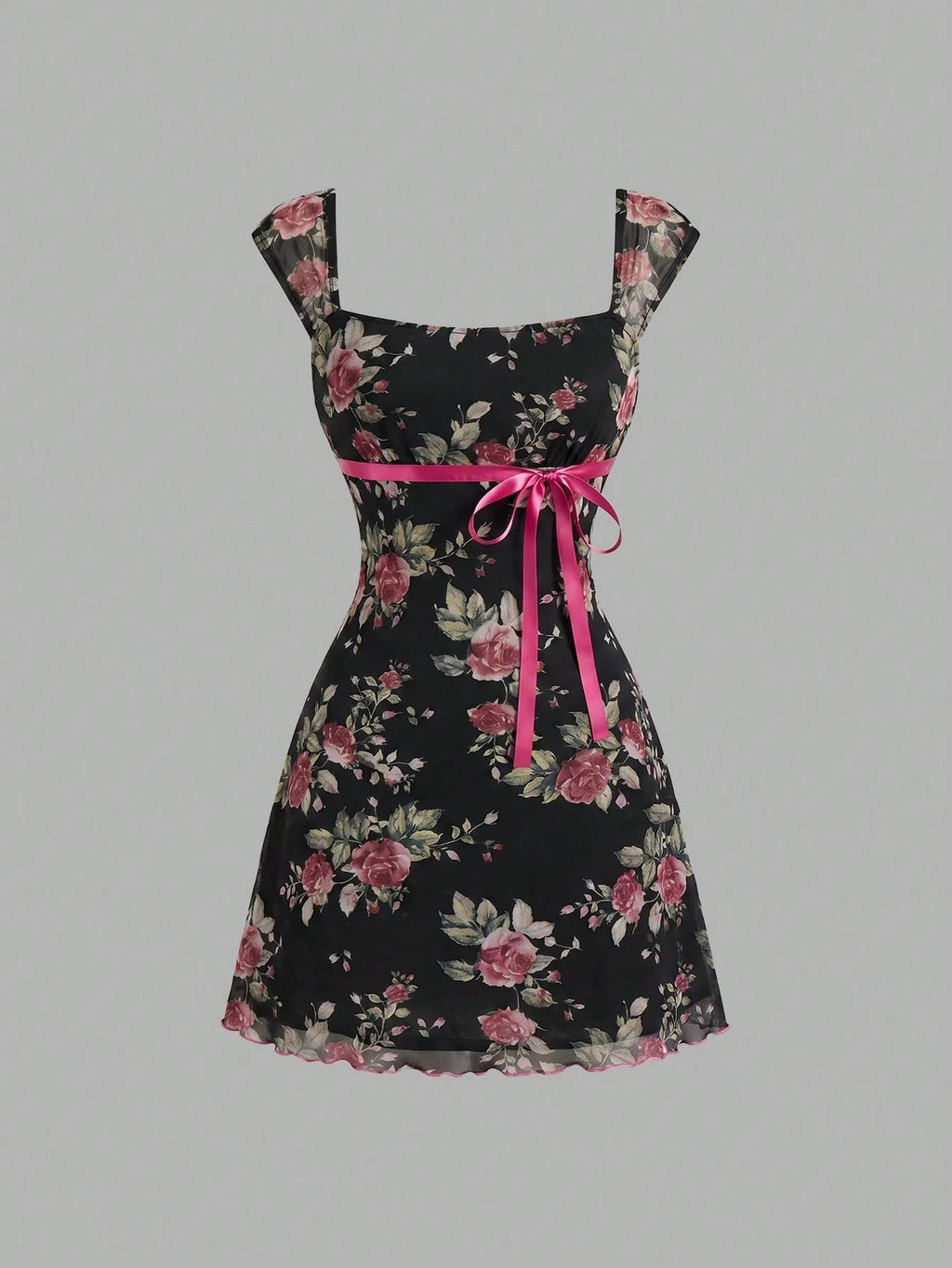 MOD Bowknot Pleated Mesh Abstract Floral Dress, Back To School, Elegant French, Vacation, Going Out Date - image 6