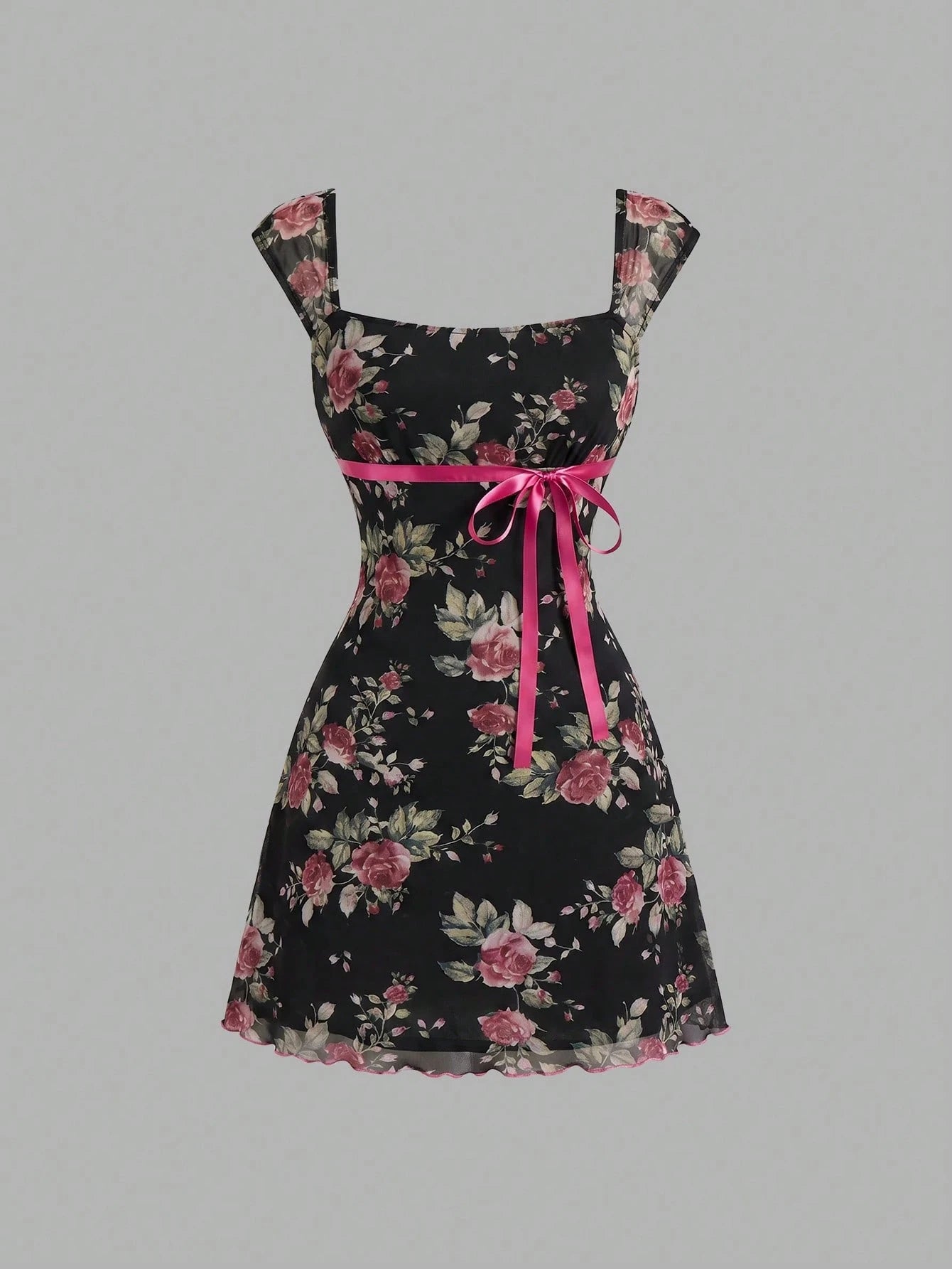 MOD Bowknot Pleated Mesh Abstract Floral Dress, Back To School, Elegant French, Vacation, Going Out Date - image 6