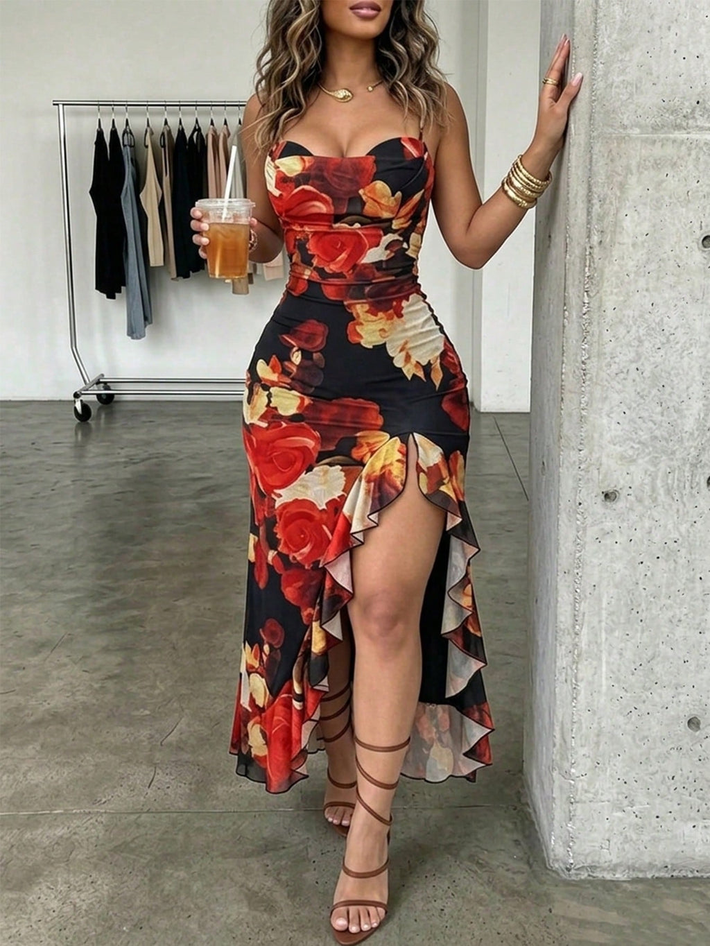 ChicMe Sexy Women's Floral Print Mesh Dress With Ruffle Hem, High Slit, Mermaid Tail, Spaghetti Straps, - image 6