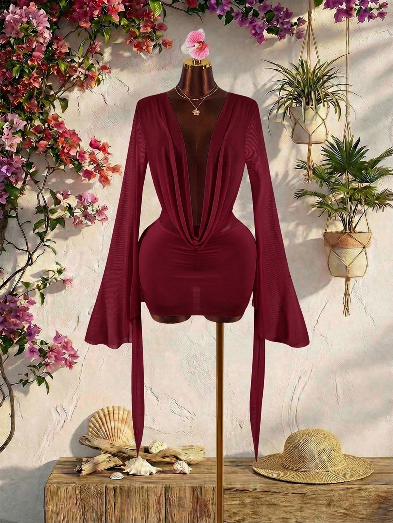 Amplova Romantic Vacation Earth Tone Low Cut Draped Neckline Flared